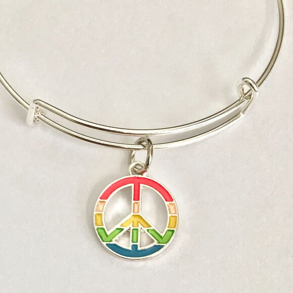Peace Sign Charm Bracelet Silver Plated Adjustable Rainbow Hippie LGBT Retro - Picture 4 of 7